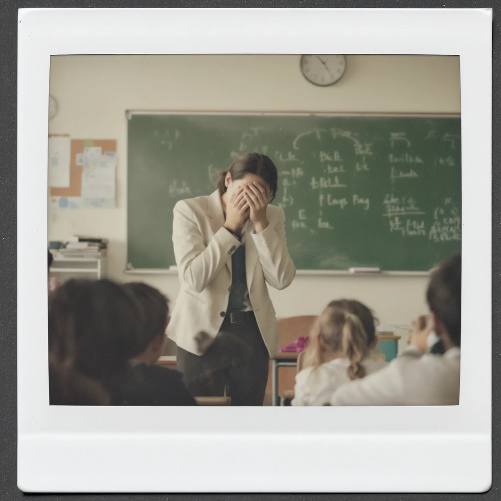 exhausted teacher in a bustling classroom emoji