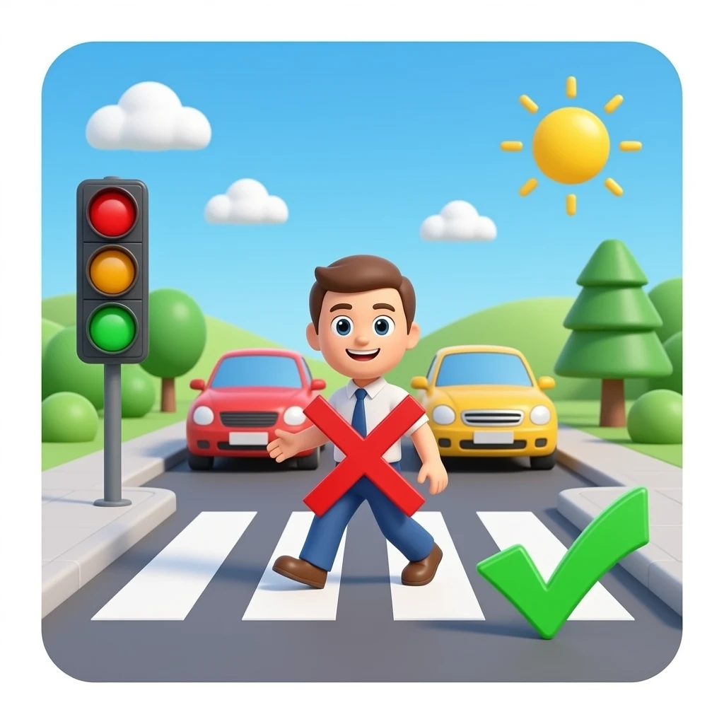 Simple 3D emoji scene demonstrating crosswalk safety rule, traffic  light red, cars stopped, pedestrian in middle of crossing with red  X (what NOT to do), safe waiting position shown with green checkmark,  before-after comparison, clean educational design, white background emoji