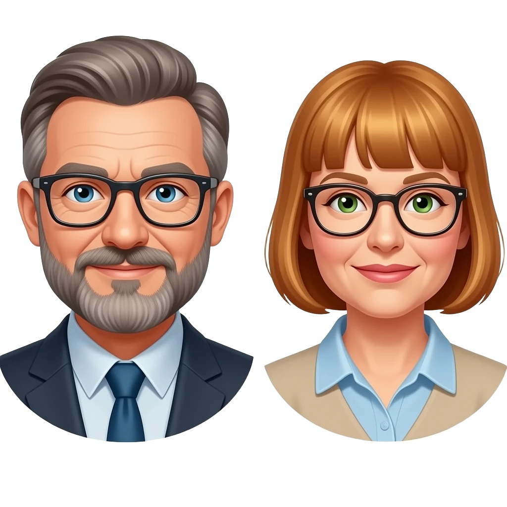 Emoji of a senior man  with blue eyes a beard mustash  wearing glasses with a mature lady dressed hippie bohemian with reddish blonde hair glasses with bangs  and green eyes  both dressed casual emoji