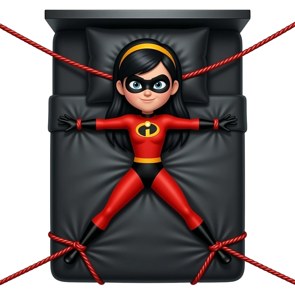 Violet Parr,Incredibles, red suit, yellow head band, long black hair,  Tied to a black bed, arms and legs spread, tied to the corners of the bed, black sheets, black pillow red silk ropes emoji