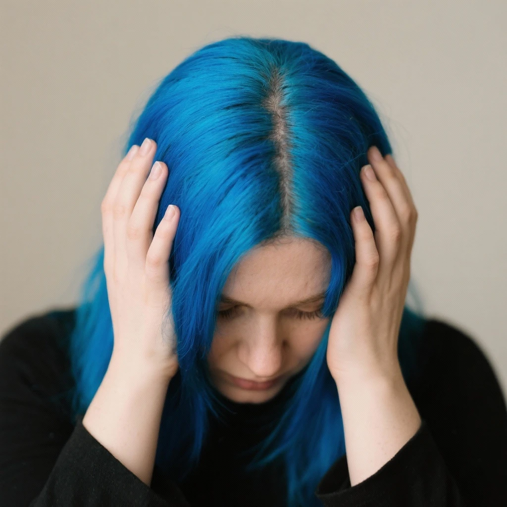 Woman with blue hair with her head in her hands emoji