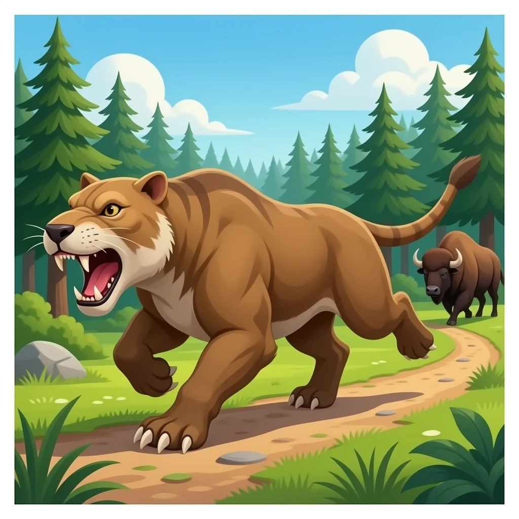 Smilodon running in the forest with bison herd chasin it emoji