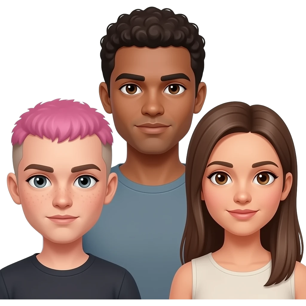 three people: short nonbinary person with short pink hair, brown eyebrows, and a brown undercut with pale skin, gray eyes and freckles, a tall tan man with dark brown eyes + very short curly hair, and a medium height woman with light tan skin, light brown straight long hair, and brown eyes emoji