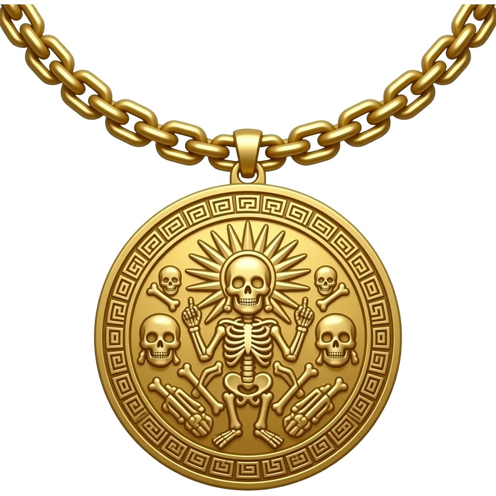 striking ceremonial necklace featuring a heavy polished gold chain supporting a large circular medallion intricately sculpted in high relief with a skeletal deity, radiating sunburst rays, scattered skulls, crossed bones, and ornate geometric Aztec motifs emoji
