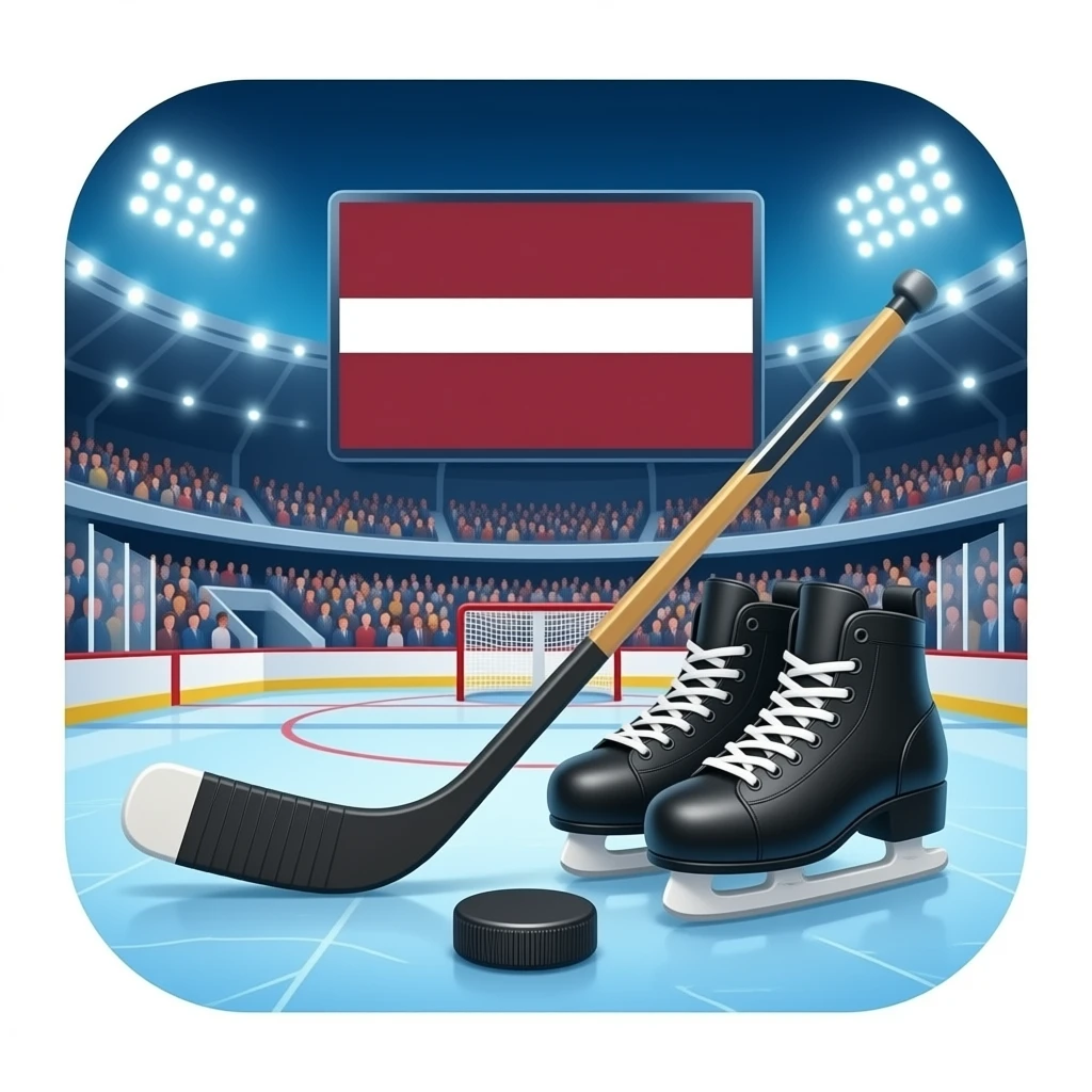 An icon featuring close-up shots of key hockey equipment: a hockey stick, puck, and skates. The background shows a packed stadium with cheering fans, bright arena lights, and an icy rink. Transparent background highlights the essentials of the game.On screen big LATVIA flag emoji
