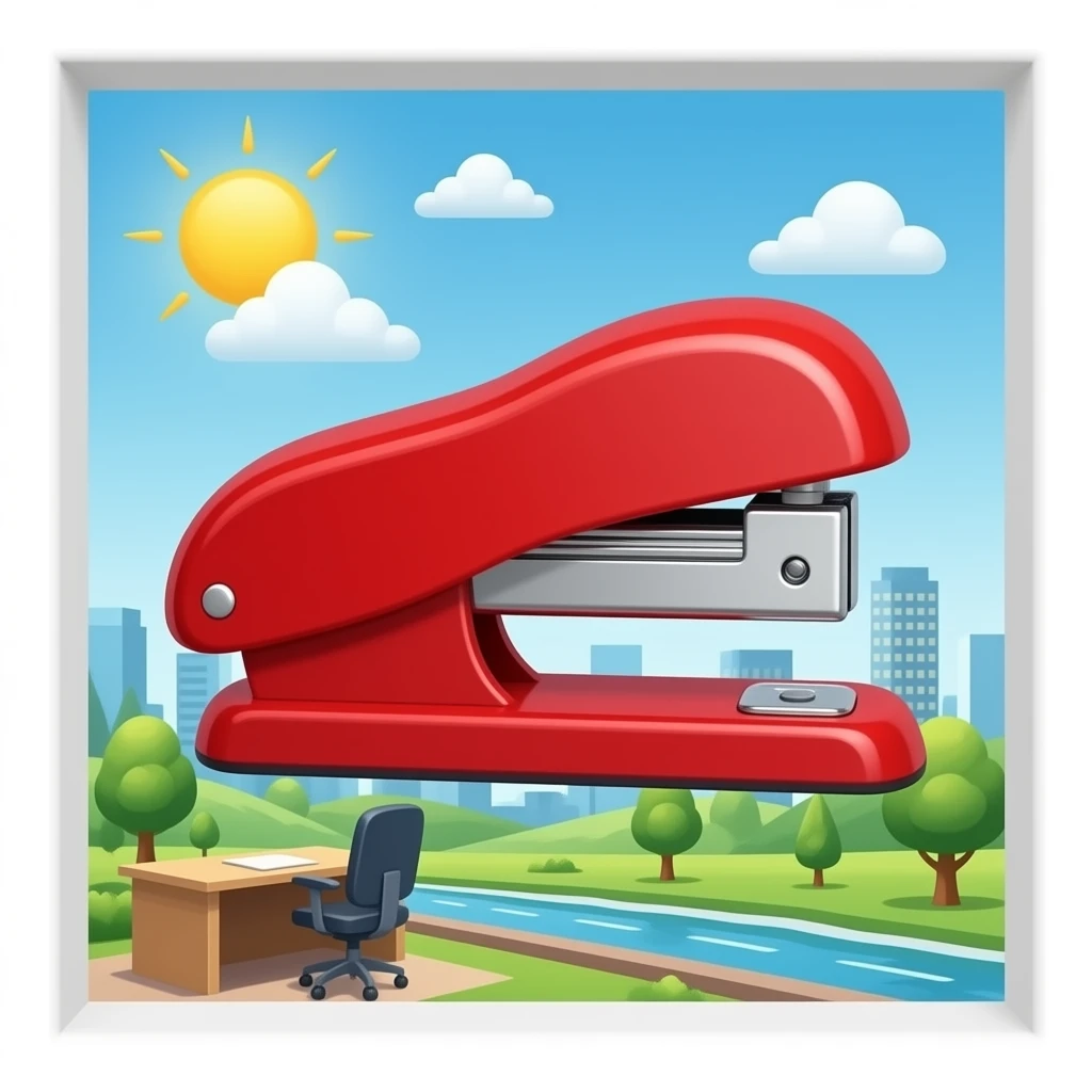 view of shiny red stapler office space side view emoji