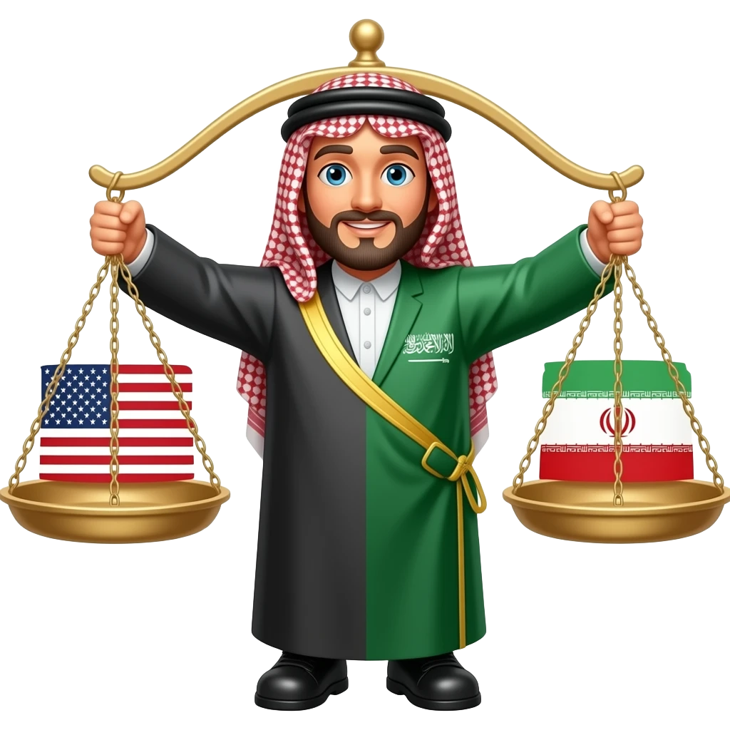Saudi Arabia character balances two scales — 🇺🇸 USA on one side and 🇮🇷 ...