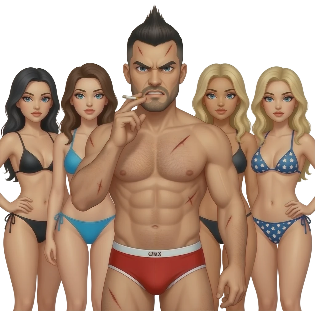 absolute beast with red pantie. I need his face to be angry and more agressive. mohawk hair. he should have cigarette. need some scars in his face. need some girls around him. need some hair on his chest. i need girls to have bikinis with tanned skin long hair some blonds emoji
