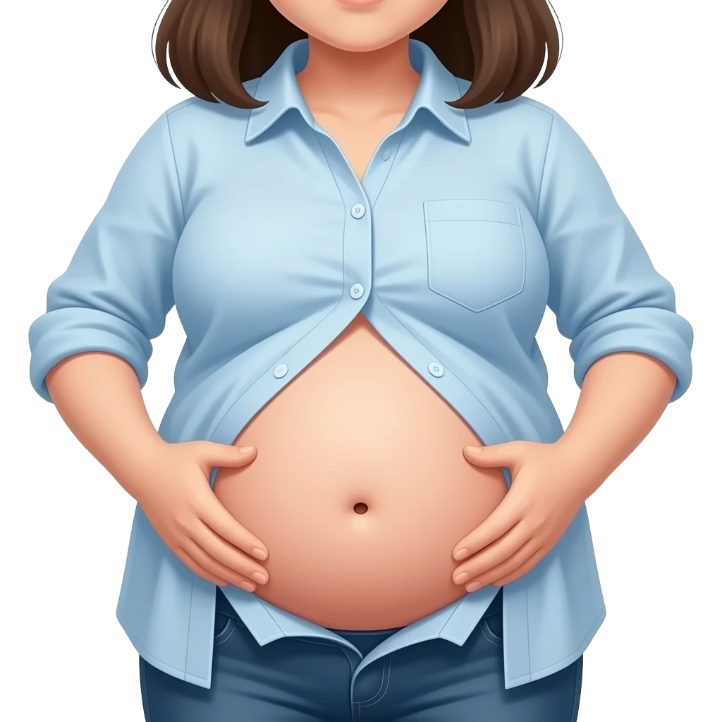 Showing a girl’s big full stomach with a bellybutton going peekaboo and her shrunk shirt losing the battle of the bulge as the poor failing clothes button pop off. emoji