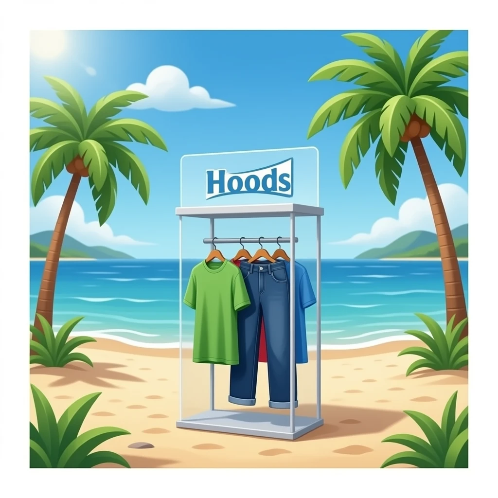 Stand Pop up avec vêtements de la marque « Hoods" sur la plage emoji