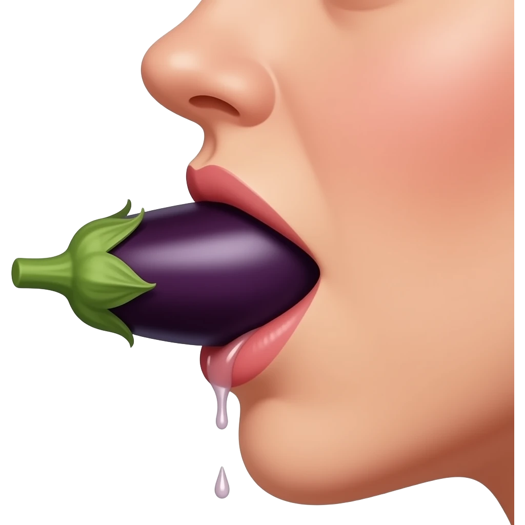 Side view of an eggplant entirely inside a woman’s mouth slobbering emoji