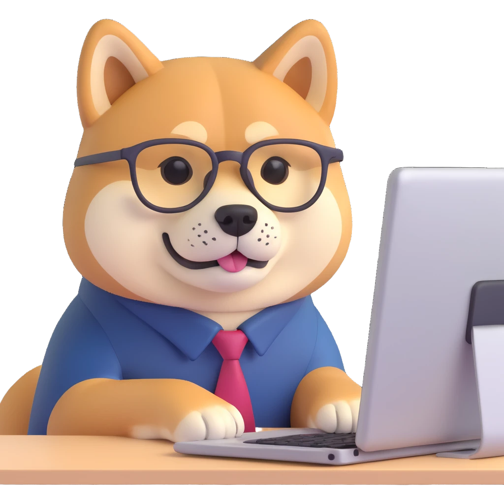 shiba inu with eye glasses and computer emoji