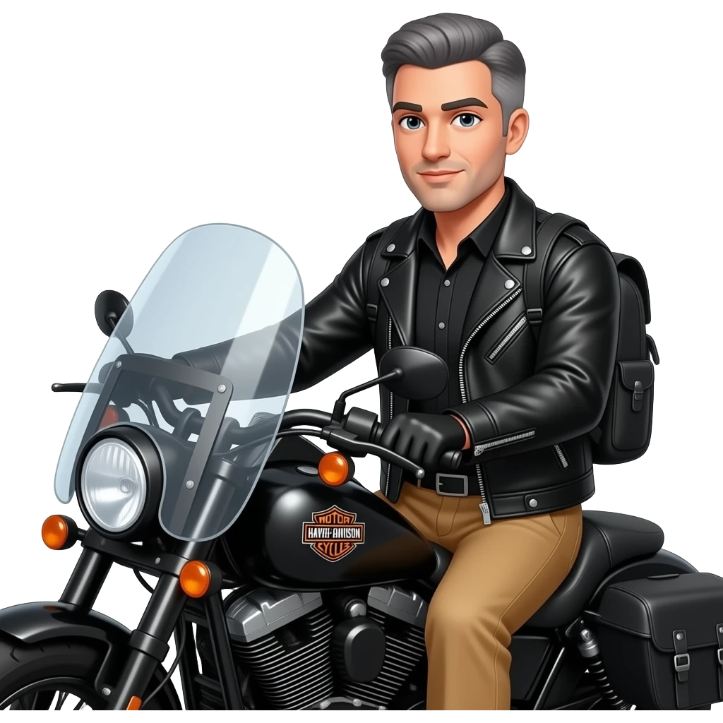 Gray and black short hair clean shaven man with no beard in black leather jacket and black shirt and tan pants and no backpack  riding on a harley with a windshield and saddlebags and the orange bar and shield harley logo emoji