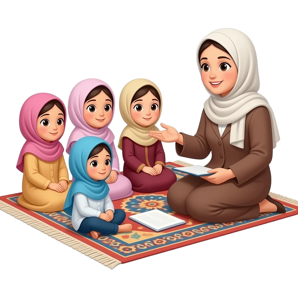 hijabi  little girls sitting with their teacher feamale on carpet. All wearing abayas. 5 girls in total. teacher is explainig emoji