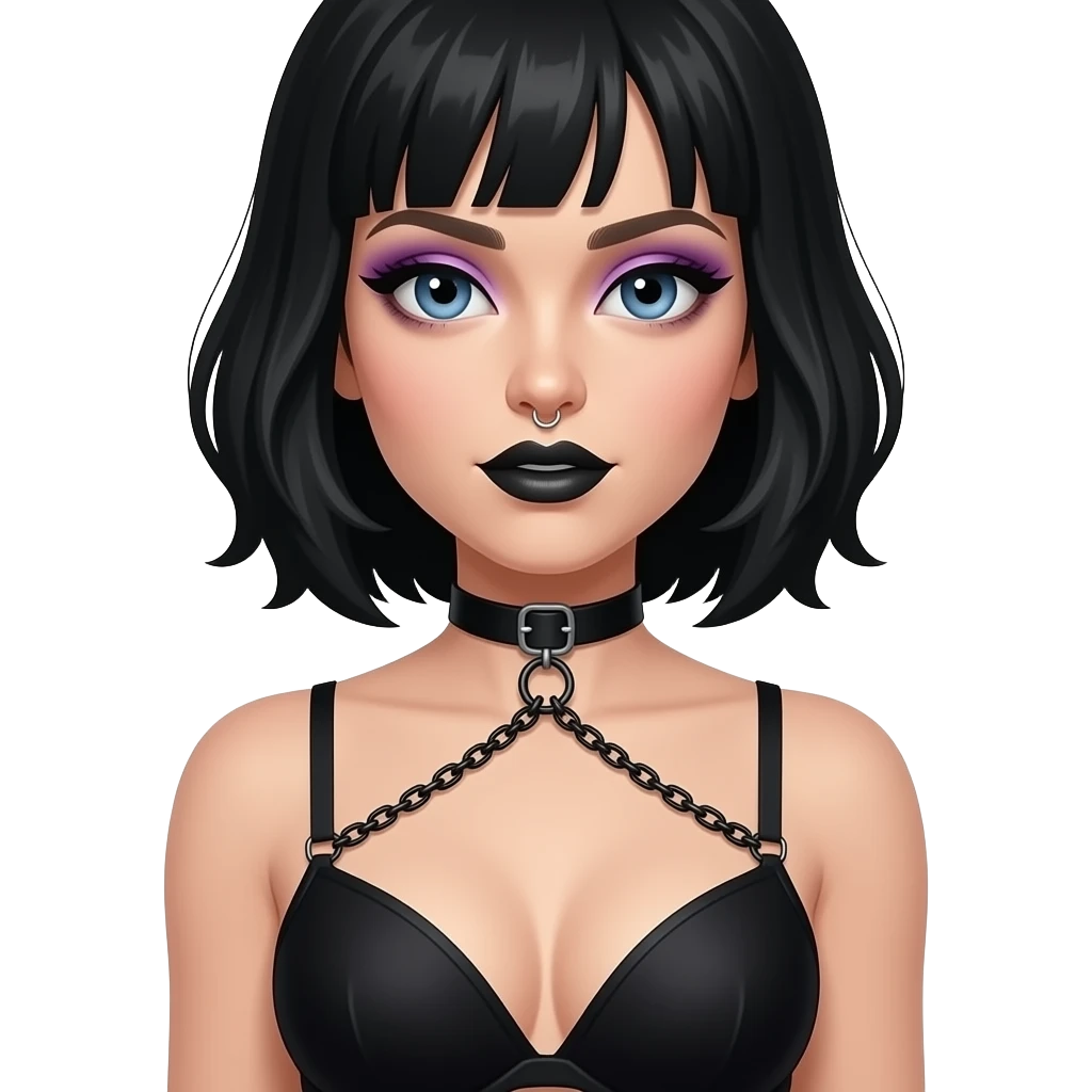 Woman with black choker nose piercing with black hair and  blue eyes and black lipstick and purple eye shadow wearing a black bra and chains that form V in the middle of the bra emoji