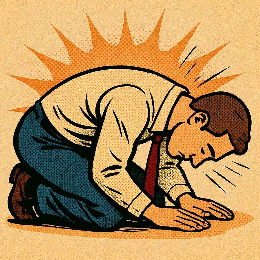 side view of a man kneeling and bowing, gesture of respect emoji