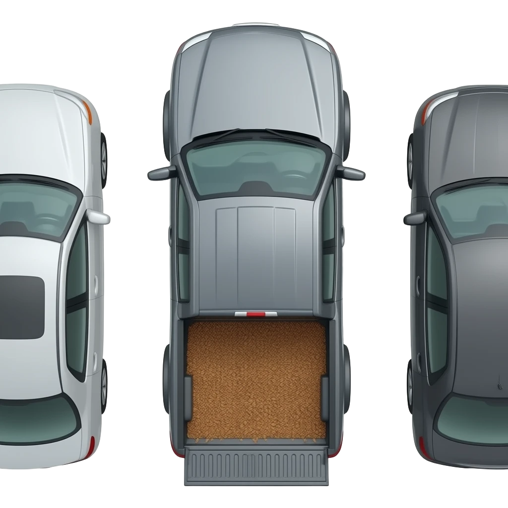 Gray F150 with full of bark chips in the back upside down in between two other cars emoji