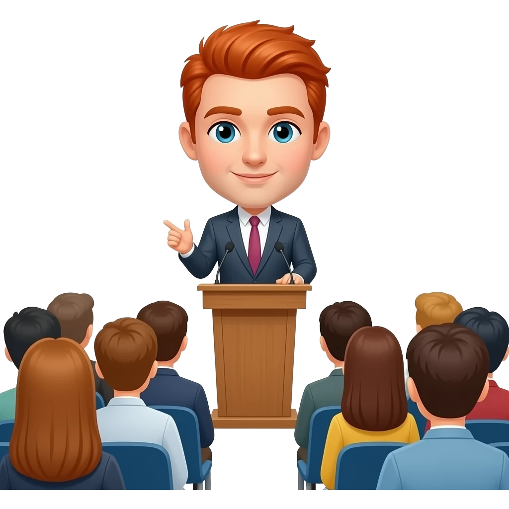 a redheaded guy that holds a presentation infront of a group of people emoji