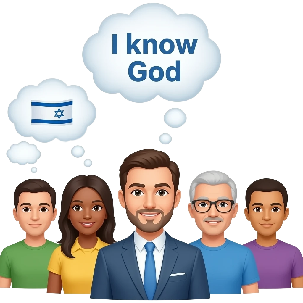 A group of NON WHITE people from Israel with thought bubbles  above their head. All of the thought bubles say "I know God". These people are Israeli, not white. NOT WHITE PEOPLE emoji