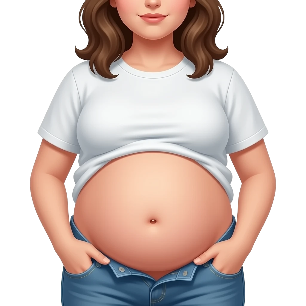 Showing a girl’s big full stomach with a bellybutton going peekaboo and her shrunk shirt losing the battle of the bulge as the poor failing clothes button pop off. emoji