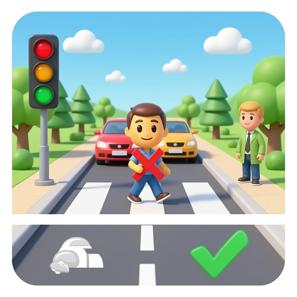Simple 3D emoji scene demonstrating crosswalk safety rule, traffic  light red, cars stopped, pedestrian in middle of crossing with red  X (what NOT to do), safe waiting position shown with green checkmark,  before-after comparison, clean educational design, white background emoji