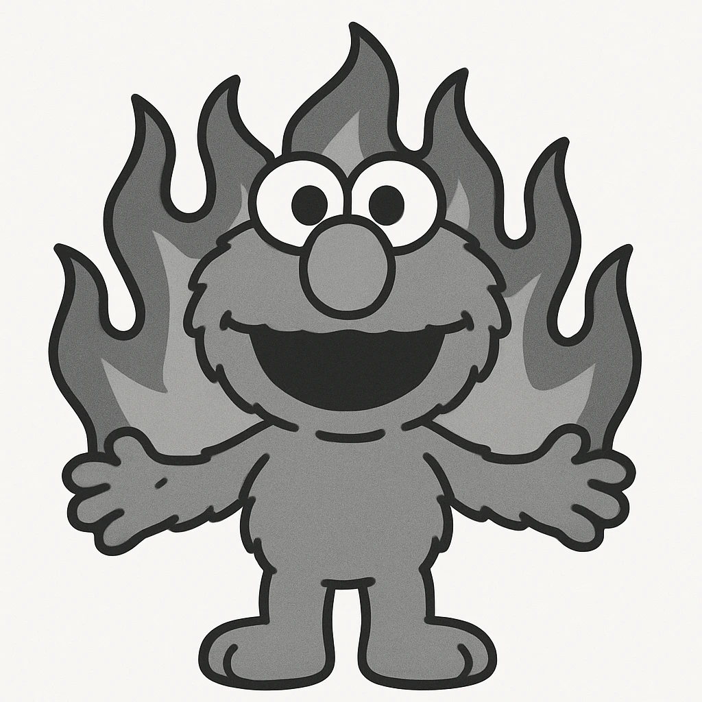 Elmo character with fire in the background, minimal and flat design emoji