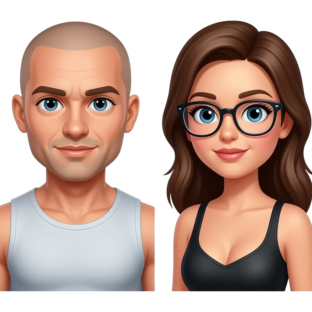 Bald muscular man & sexy woman in glasses emoji