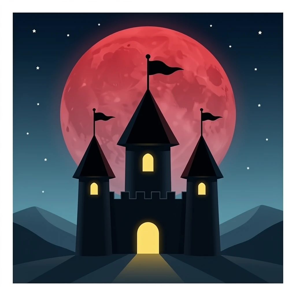 Black castle with red and red moon and no flag emoji
