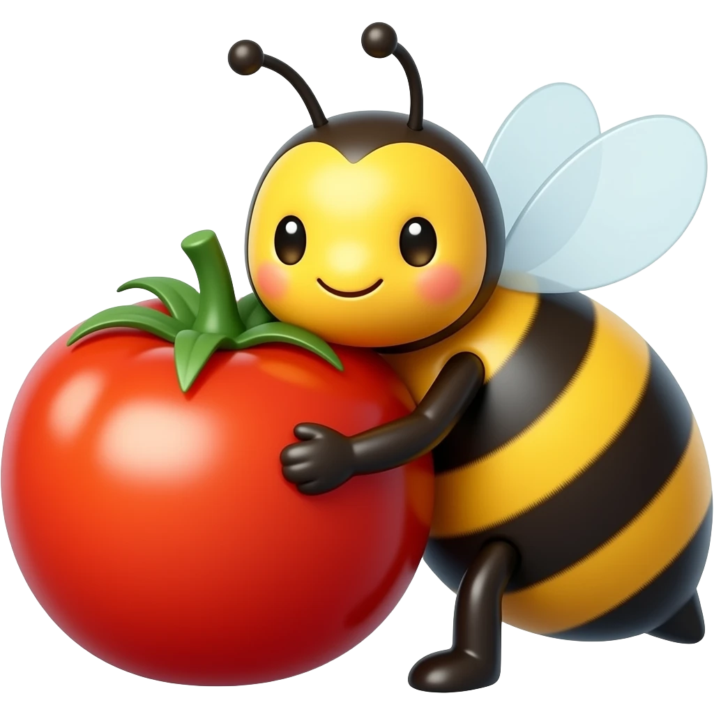 a yellow face cute bumblebee hugging a big cherry tomato emoji