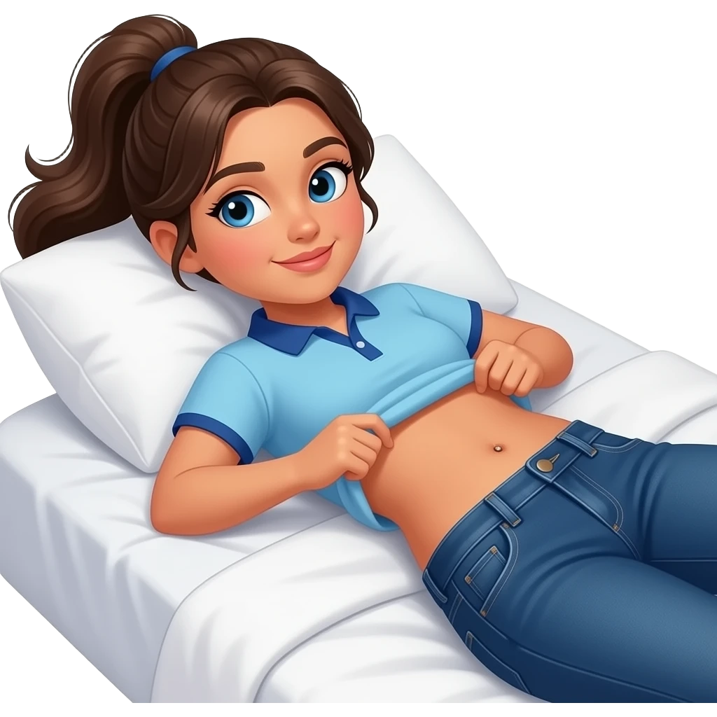 Hispanic girl with brown ponytail and blue eyes light blue and dark blue polo and dark blue baggy jeans and belly button laying down on her pillow on her bed showing her feet lifting her shirt all the way up showing belly rolls emoji