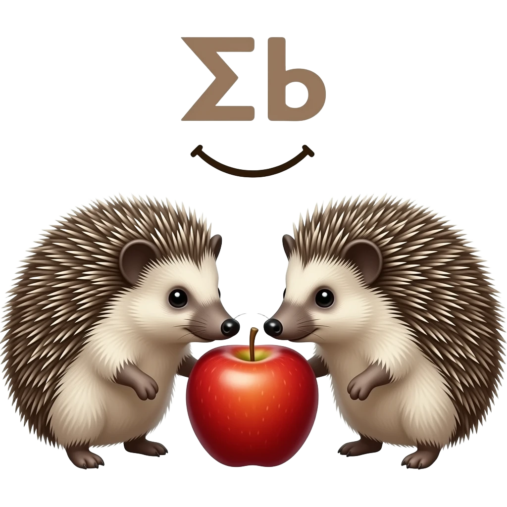Text above the hedgehogs: "еЖы". Two hedgehogs sniff an apple. Emoji. emoji