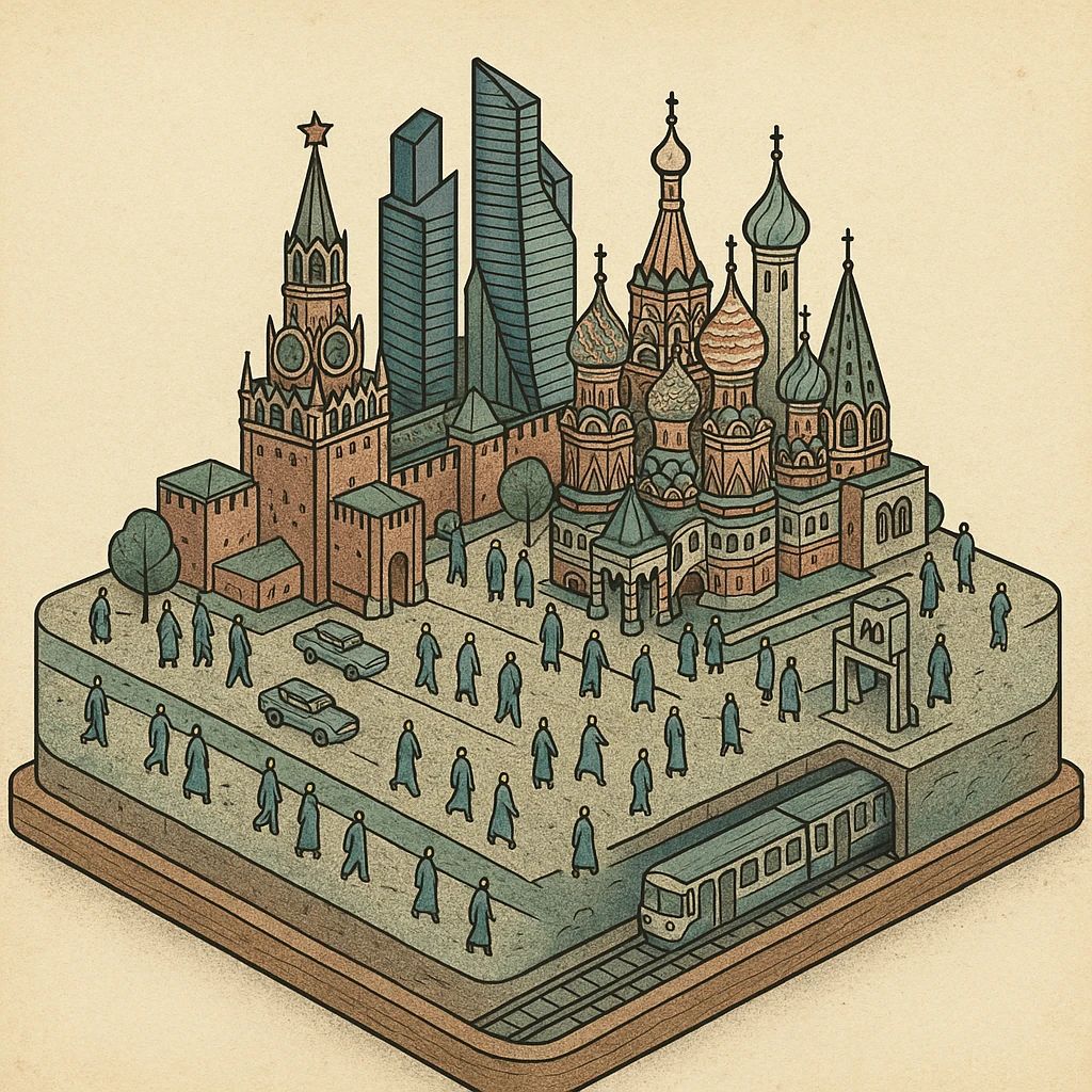 Изометричная миниатюрная 3D модель Москвы на подставке - фотореалистичный Кремль, собор Василия Блаженного, Башни Москва-Сити, аккуратная детализация, яркие цвета, мультяшный реализм, гуляют люди и современный автотранспорт и метро, компактная композиция, вид сверху в изометрии emoji