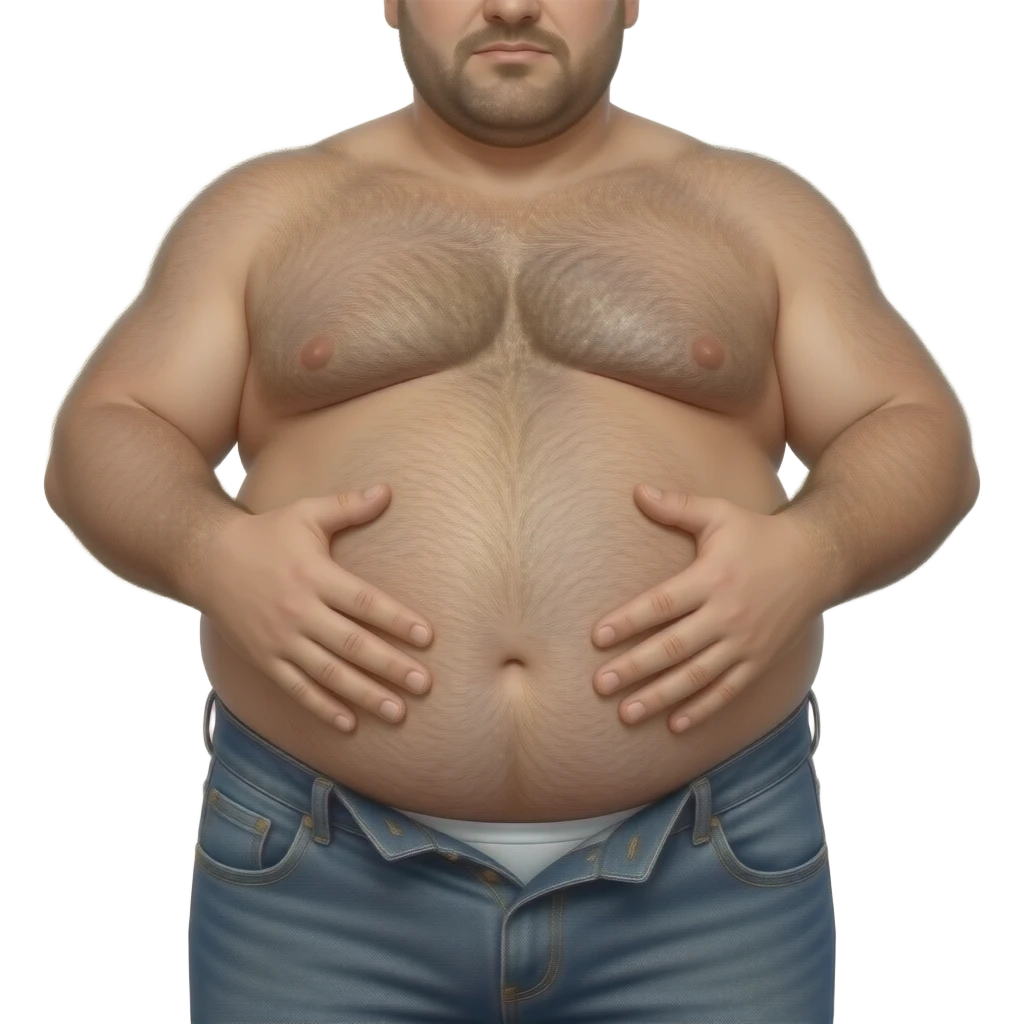 Nahaufnahme eines sehr fetten behaarten Mannes der nur eine offene Jeans trägt. Seine Haut ist ölig glänzen und er hält mit beiden Händen von unten sein dicken runden Bauch fest emoji