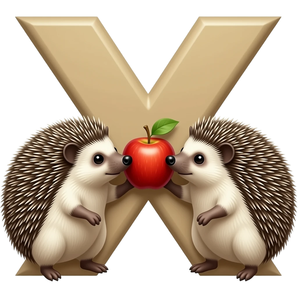 The letter "Y" superimposed on the letter "X" - the merging of two letters. TWO HEDGEHOGS SNIFF AN APPLE. emoji