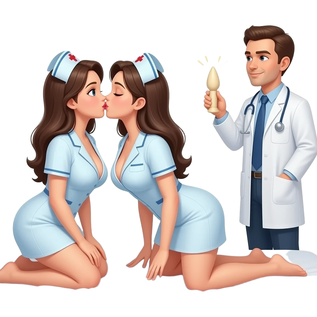 2 very large breasted completely naked, wearing no clothes, nurses, in a missionary position on bed, kissing, facing a naked doctor with a dildo in his hand emoji