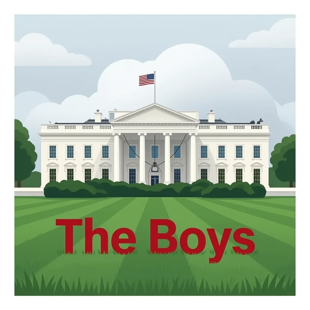 The red text "The Boys" on the lawn of the White House and the American flag. It's gloomy. emoji