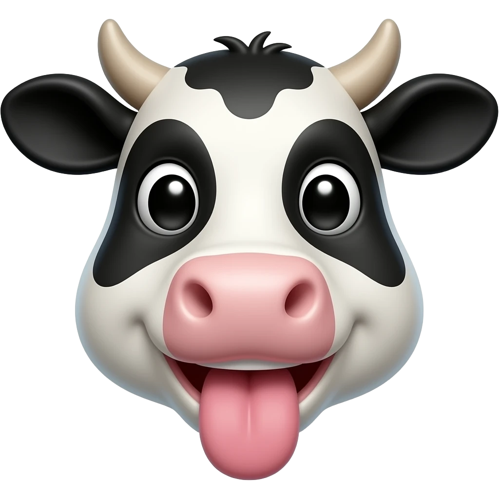 Funny cow emoji with tongue out, exaggerated cute face, black spots, soft 3D render, sticker-like emoji design, white background emoji