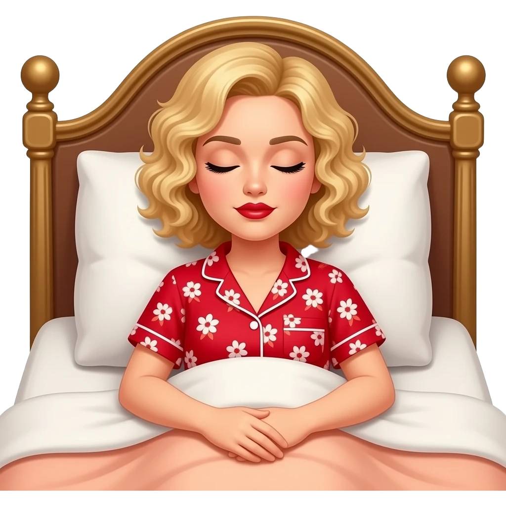 Short curly blond hair side swept red lipstick and peach and RED FLORAL SHORT SLEEVE PAJAMAS SET UNDER A PEACH DUVET SLEEPING, BLACK EYEBROWS ON A VITCTORIAN BED emoji