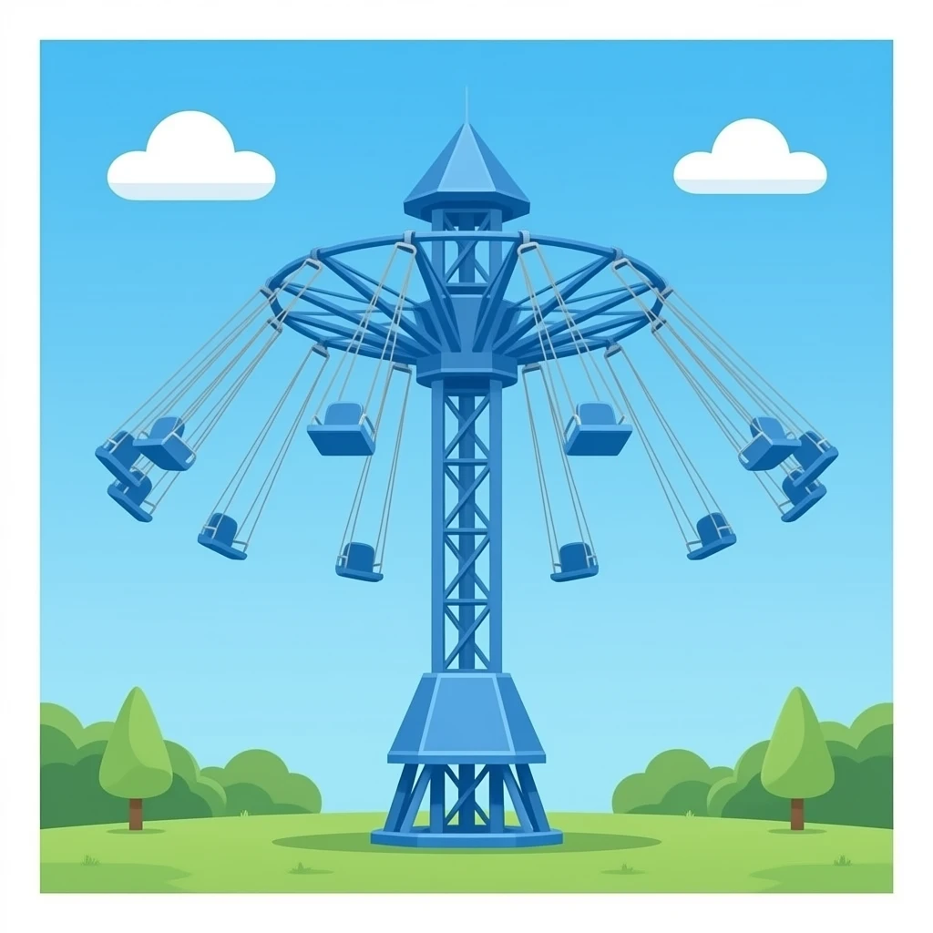 blue colored vertical drop tower ride, empty single row of 5 seats ...