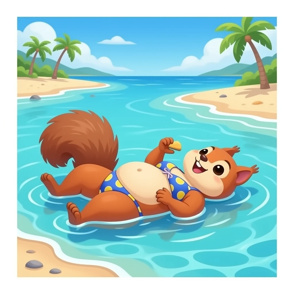 A female squirrel enjoys the beach holiday in her swimmers,but she is so full from a lunch break that she is about to burst,Then her fat Tummy rolls & drops out,she will just lay on her back in the shallow cool water,her gluttonous belly promotes a good resort business. emoji