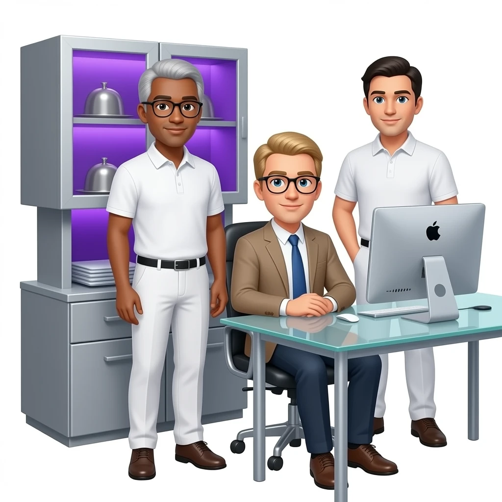 In the background is a silver server cabinet with purple backlighting, in the foreground is a glass table and an imac computer, two men with glasses are standing, one has gray hair, the other has black hair, dressed in white trousers and a polo shirt, one blonde with glasses is sitting at the table, emoji