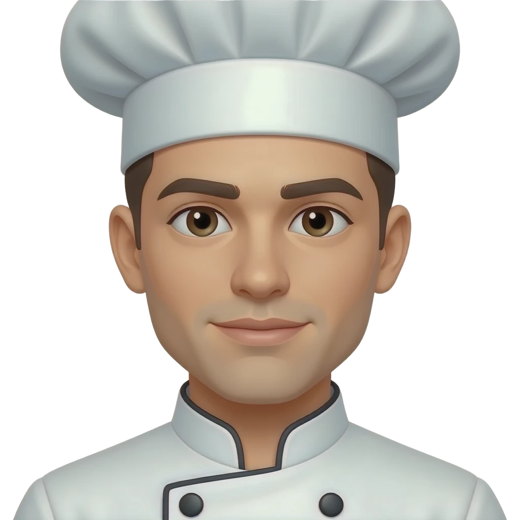 Full body Young man with dark brown buzzcut and dark eyes with chef’s hat emoji