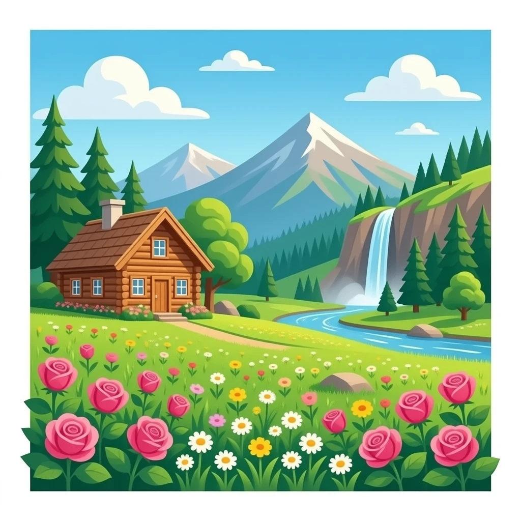 wildflower meadow with a cabin to the left, roses along the side of the cabin,  in the background have mountains, trees and a waterfall emoji