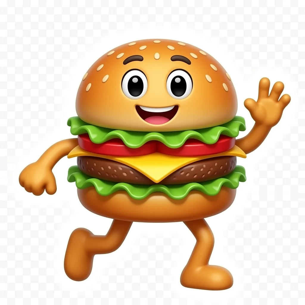 Funny hamburger mascot sticker, dynamic pose, cartoon illustration, thick white border, vibrant colors, transparent PNG emoji