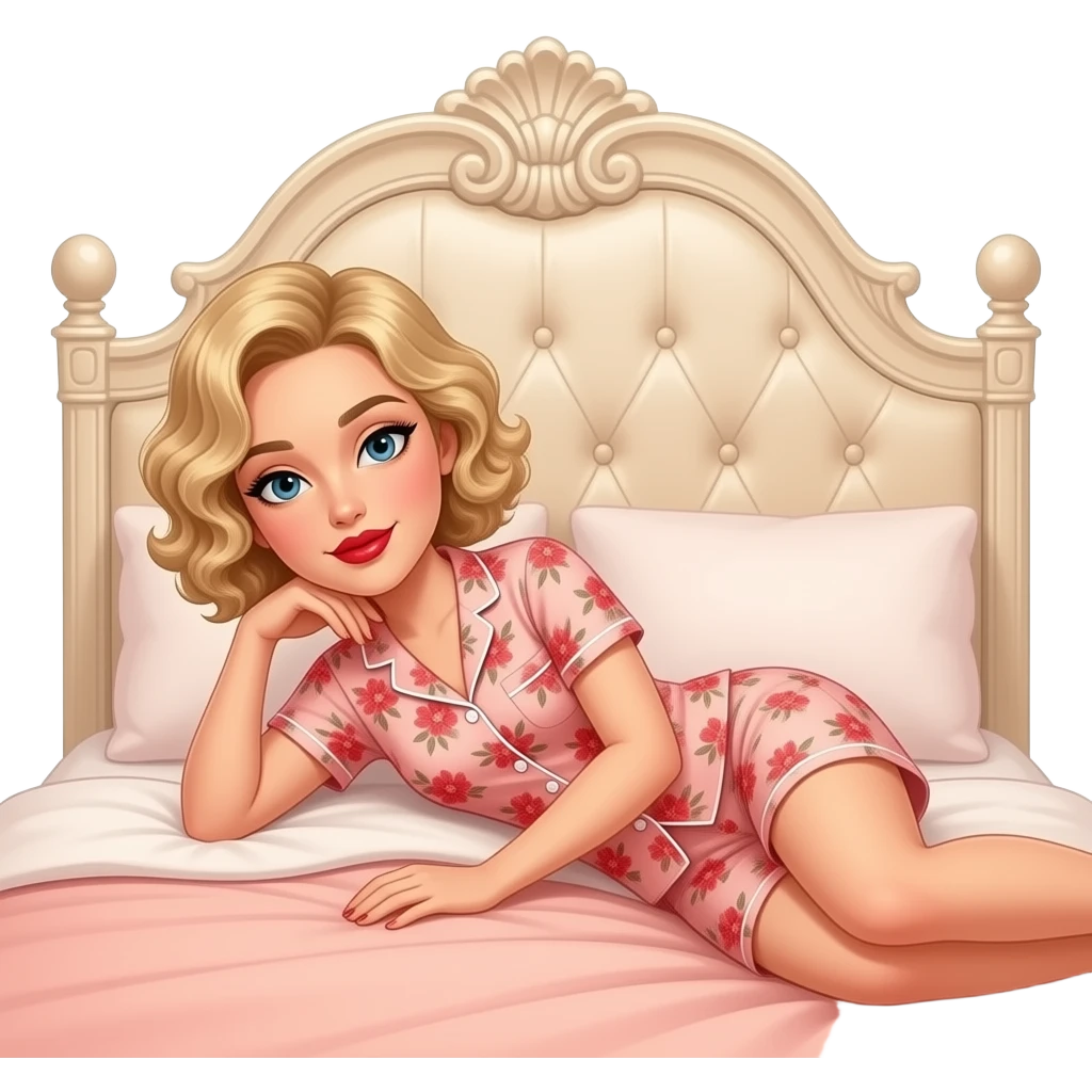 Short curly blond hair side swept red lipstick and peach and RED FLORAL SHORT SLEEVE PAJAMAS SET UNDER A PEACH DUVET SLEEPING ON THE SIDE, BLACK EYEBROWS ON A VITCTORIAN BED emoji