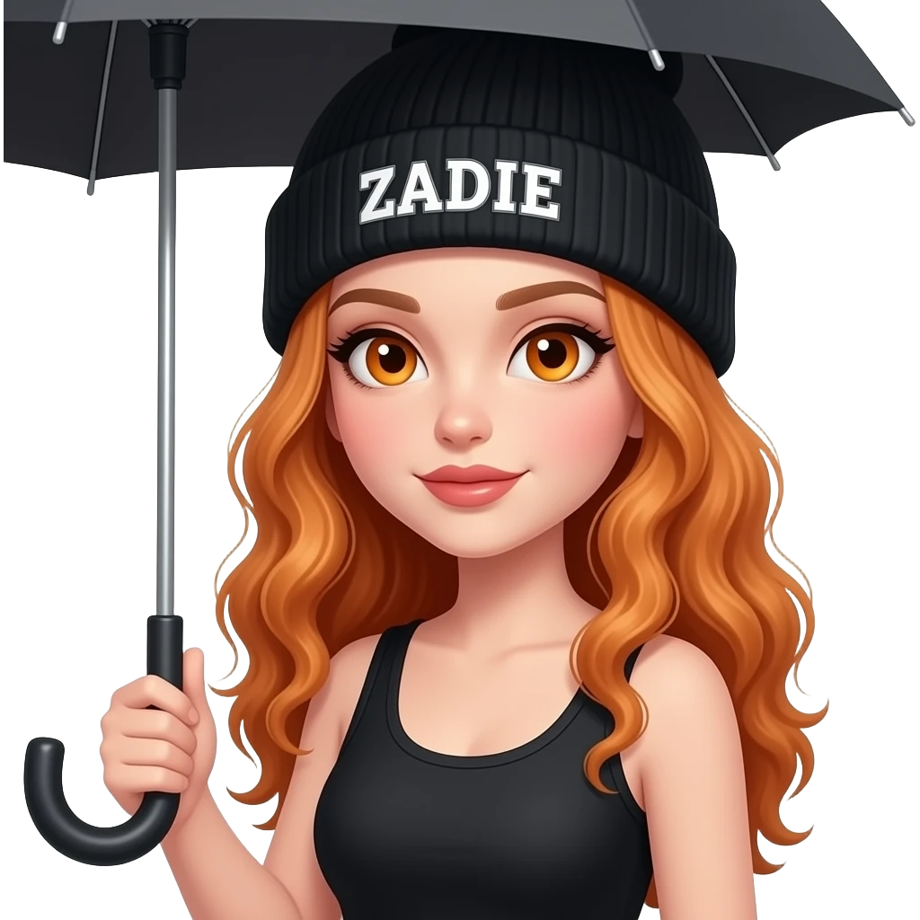 sexy girl with overlong wavy ginger hair and ginger eyes wearing a black tanktop and a black beanie with ZADIE written on it,  is holding a umbrella emoji