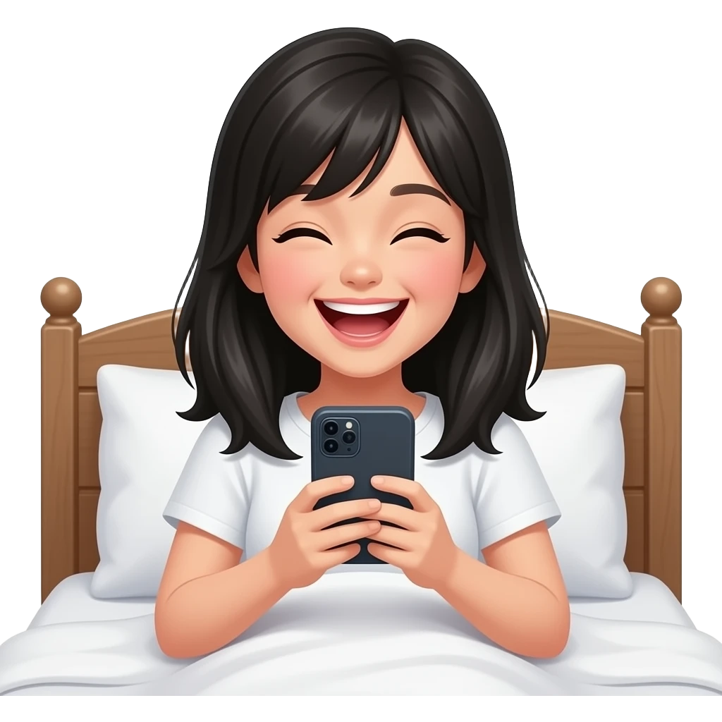 pretty girl with black hair laughing at phone in bed, emoji emoji