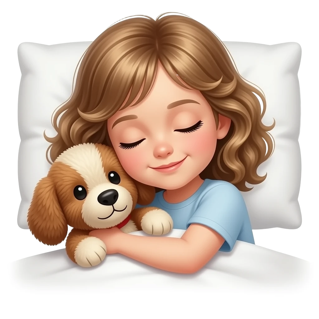 white kid  mid length hair to shoulders with bangs soft curly hair to shoulders in color: middle to little darker blond. sleeping on a pillow with a soft smile and hugging a brown beige stuffed dog emoji