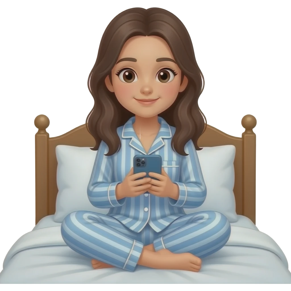 teenage girl in pjs in bed on phone emoji