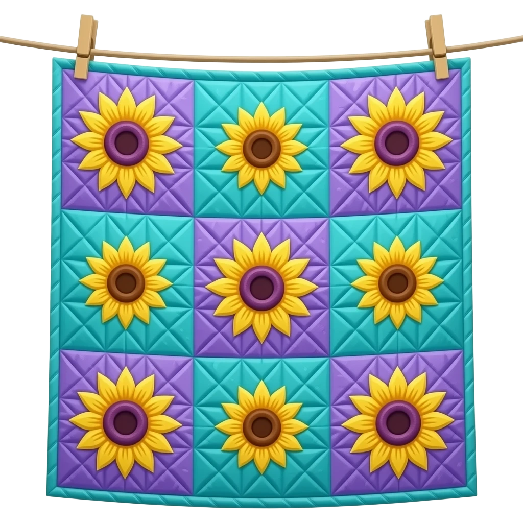 Mostly teal colour patch quilt with purples and yellow sunflowers on clothes line emoji